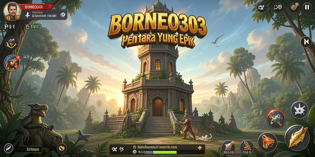 Tampilan gameplay seru di BORNEO303 dengan menara dan musuh.