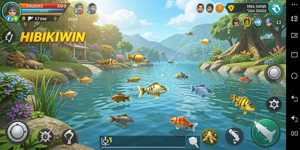 Screenshot HIBIKIWIN menampilkan gameplay seru dengan berbagai lokasi memancing.