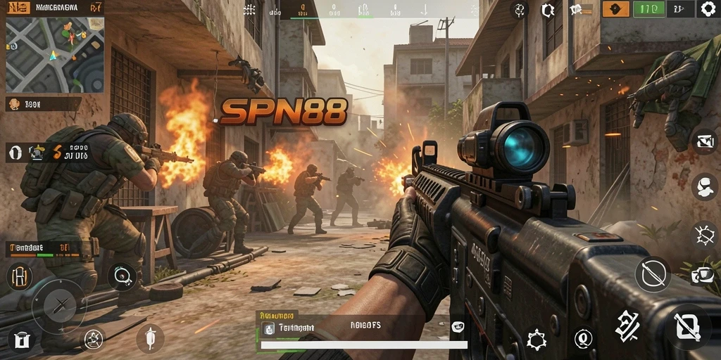 Tangkapan layar gameplay SPN88 menampilkan aksi menegangkan di arena FPS.